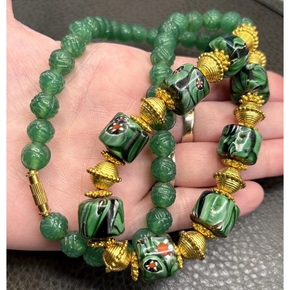 Vintage Molded Green Millefiori Glass Chunky Bead Necklace Gold Tone 24"